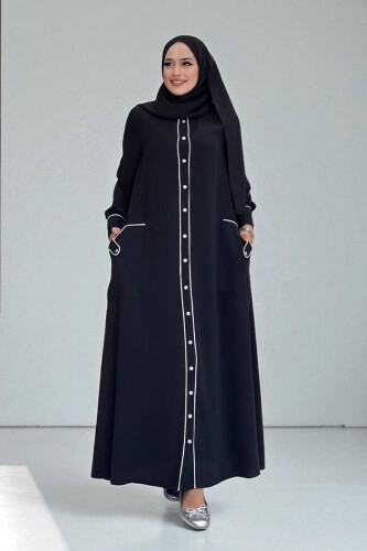 Boydan Düğmeli Ferace Elbise 3975 Siyah - Bym Fashion