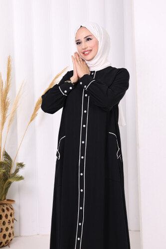 Boydan Düğmeli Ferace Elbise 3975 Siyah - 5