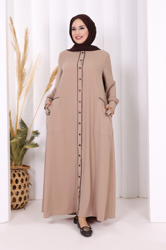 Boydan Düğmeli Ferace Elbise 3975 Vizon - Bym Fashion