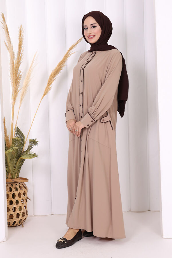 Boydan Düğmeli Ferace Elbise 3975 Vizon - 2