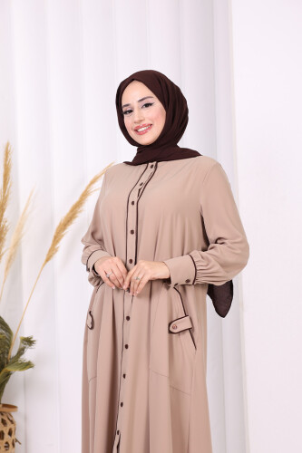 Boydan Düğmeli Ferace Elbise 3975 Vizon - 3