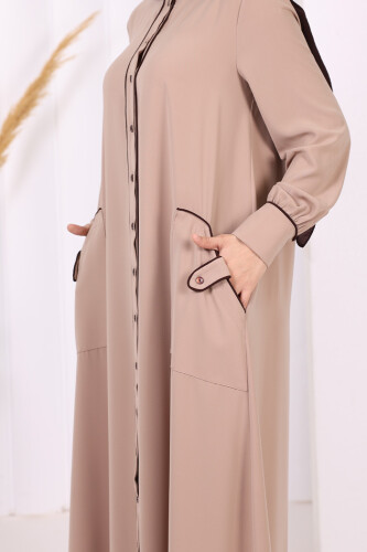Boydan Düğmeli Ferace Elbise 3975 Vizon - 4