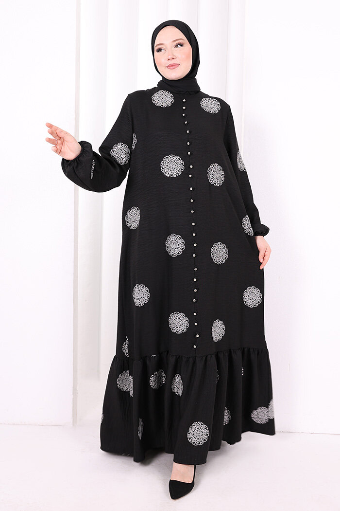 Boydan Düğmeli Nakışlı Elbise 6099 Ekru - 1