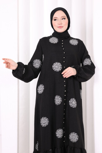 Boydan Düğmeli Nakışlı Elbise 6099 Ekru - 5