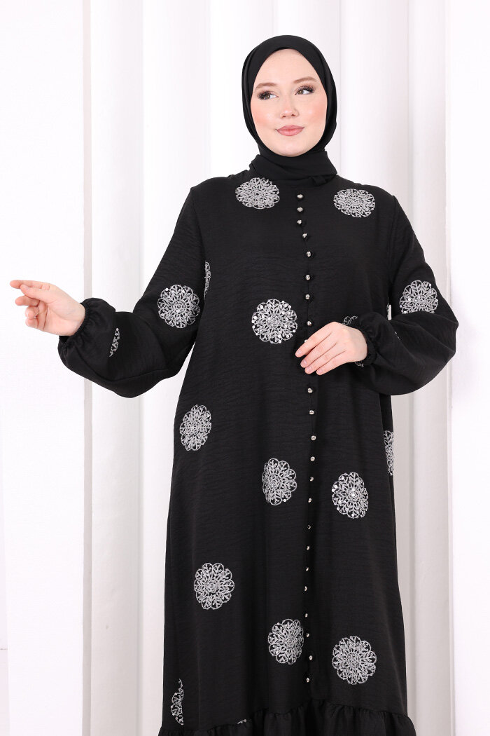 Boydan Düğmeli Nakışlı Elbise 6099 Ekru - 5