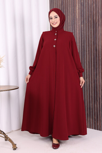 Boydan Düğmeli Taş İşleme Detaylı Ferace 7903 Bordo 