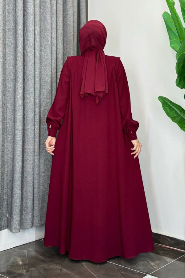 Boydan Düğmeli Taş İşleme Detaylı Ferace 7903 Bordo - 2