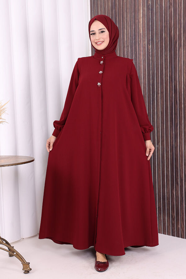 Boydan Düğmeli Taş İşleme Detaylı Ferace 7903 Bordo - 1
