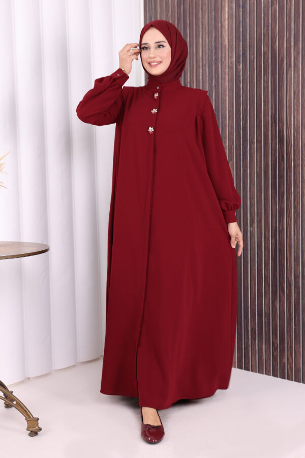 Boydan Düğmeli Taş İşleme Detaylı Ferace 7903 Bordo - 2