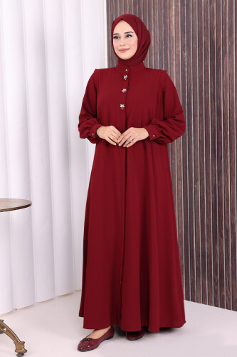 Boydan Düğmeli Taş İşleme Detaylı Ferace 7903 Bordo - 3