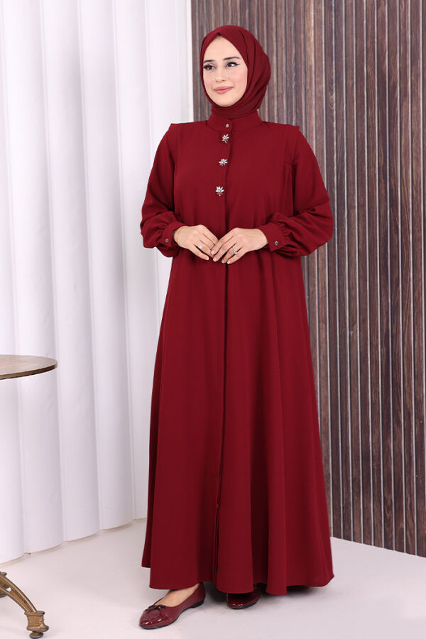 Boydan Düğmeli Taş İşleme Detaylı Ferace 7903 Bordo - 3