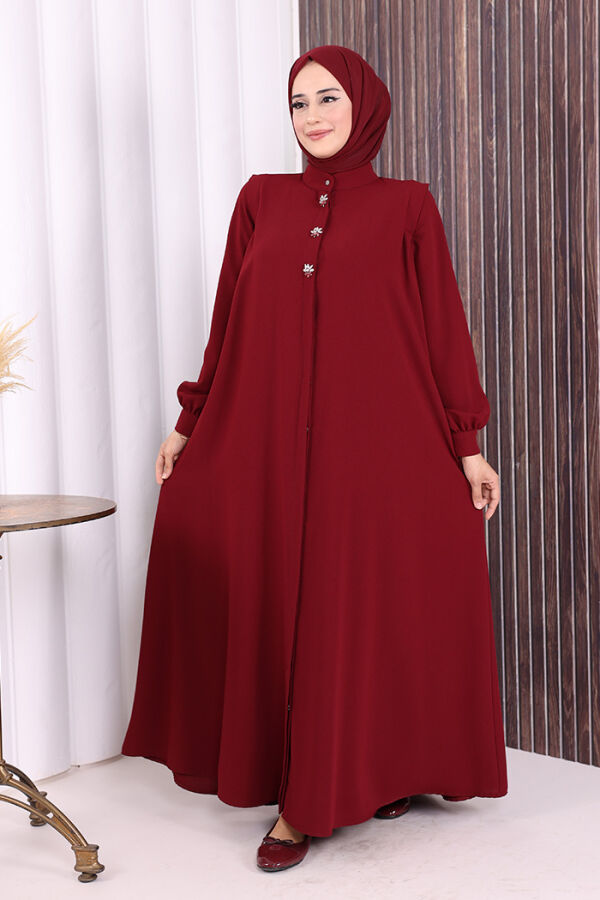 Boydan Düğmeli Taş İşleme Detaylı Ferace 7903 Bordo - 4
