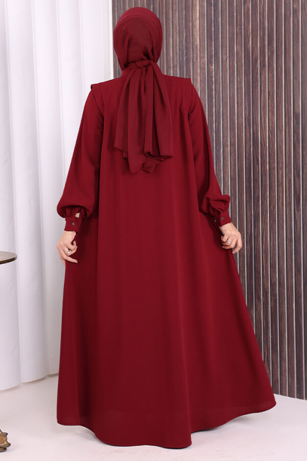 Boydan Düğmeli Taş İşleme Detaylı Ferace 7903 Bordo - 5