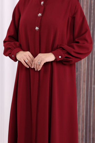 Boydan Düğmeli Taş İşleme Detaylı Ferace 7903 Bordo - 7
