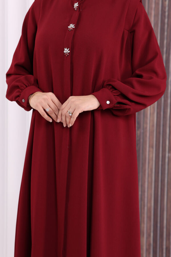 Boydan Düğmeli Taş İşleme Detaylı Ferace 7903 Bordo - 7