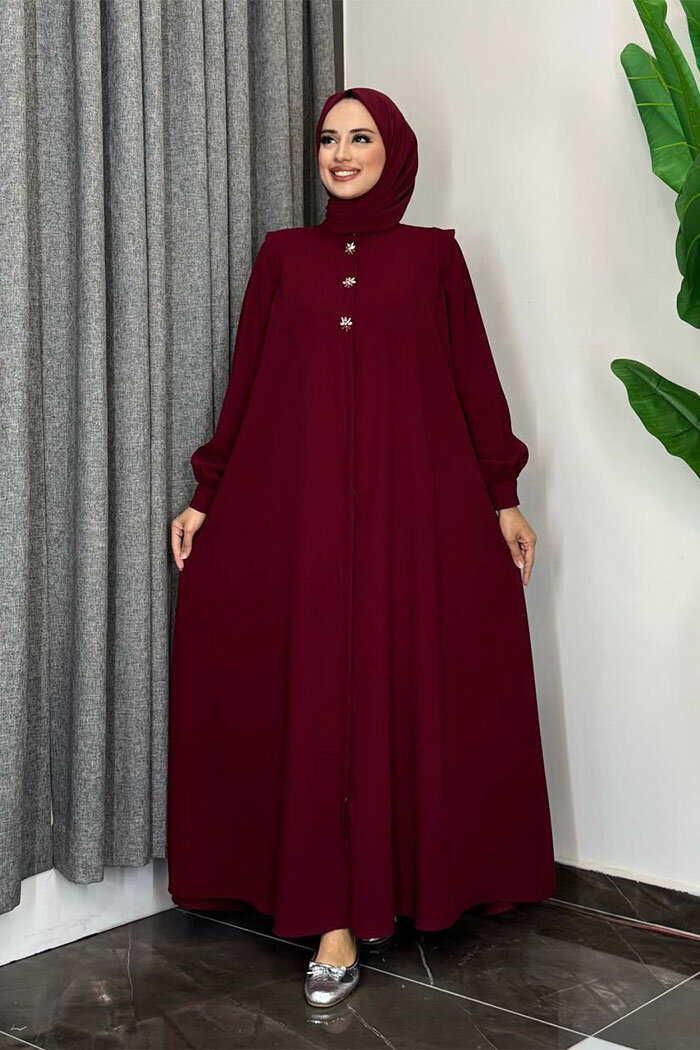 Boydan Düğmeli Taş İşleme Detaylı Ferace 7903 Bordo - 8