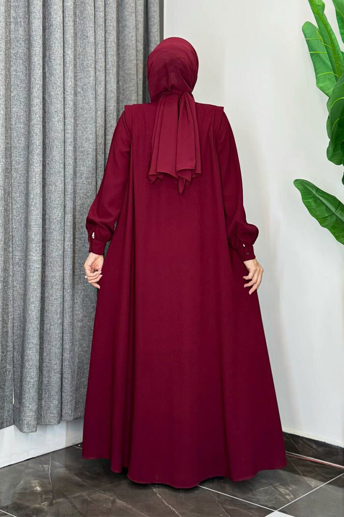 Boydan Düğmeli Taş İşleme Detaylı Ferace 7903 Bordo - 9
