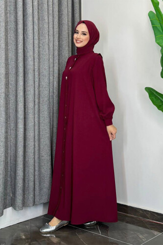 Boydan Düğmeli Taş İşleme Detaylı Ferace 7903 Bordo - 10