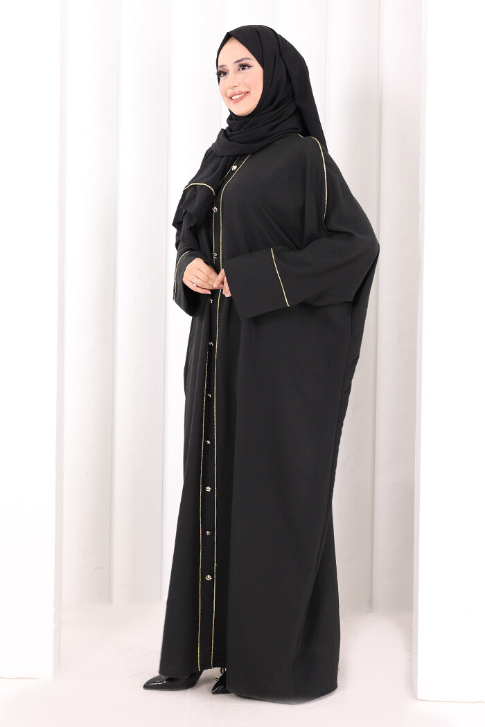 Boydan Düğmeli Yarasakollu Elbise 6090 Siyah - 3