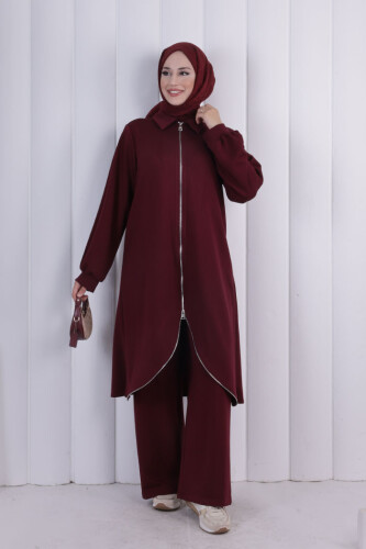 Boydan Fermuarlı Çizgili Takım 1231 Bordo