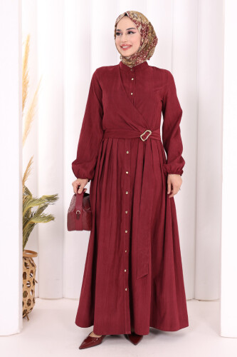 Broş Detaylı Boydan Düğmeli Elbise 7059 Bordo