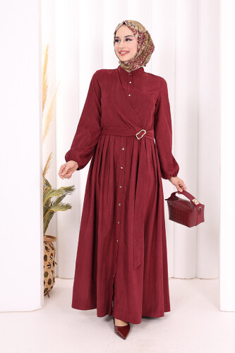 Broş Detaylı Boydan Düğmeli Elbise 7059 Bordo - 2