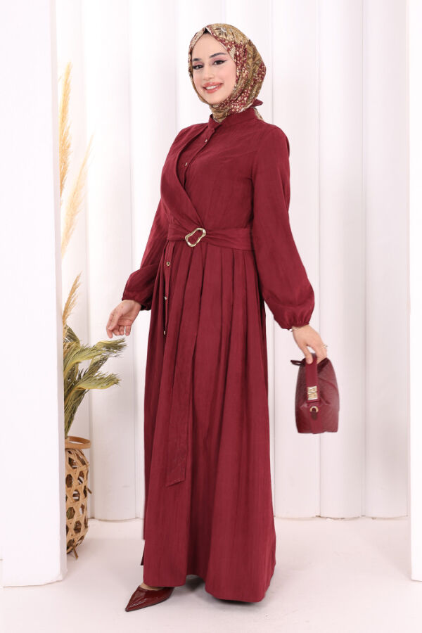 Broş Detaylı Boydan Düğmeli Elbise 7059 Bordo - 3