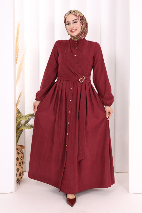 Broş Detaylı Boydan Düğmeli Elbise 7059 Bordo - 4