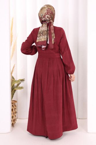 Broş Detaylı Boydan Düğmeli Elbise 7059 Bordo - 5