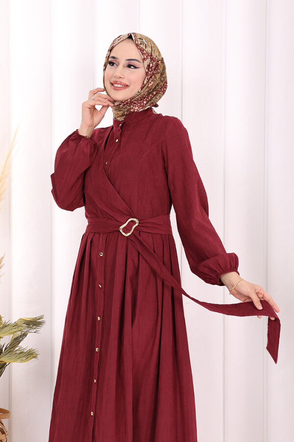 Broş Detaylı Boydan Düğmeli Elbise 7059 Bordo - 6