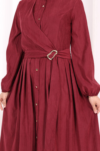 Broş Detaylı Boydan Düğmeli Elbise 7059 Bordo - 7
