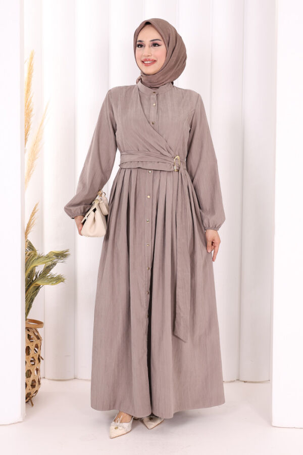Broş Detaylı Boydan Düğmeli Elbise 7059 Duman - 1