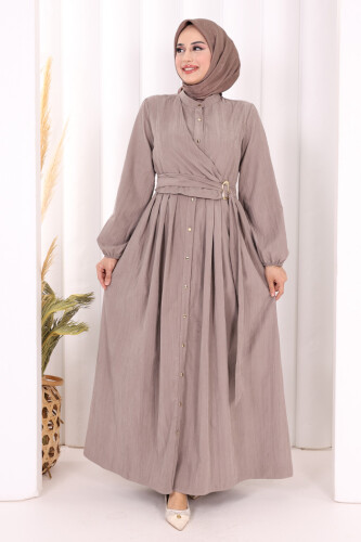 Broş Detaylı Boydan Düğmeli Elbise 7059 Duman - 2