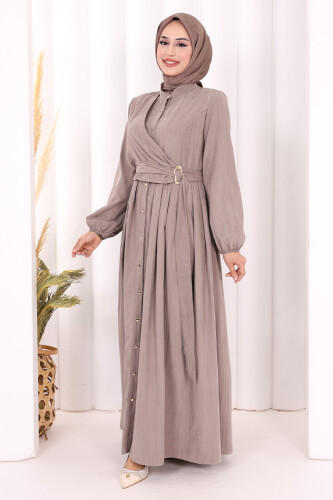 Broş Detaylı Boydan Düğmeli Elbise 7059 Duman - 3