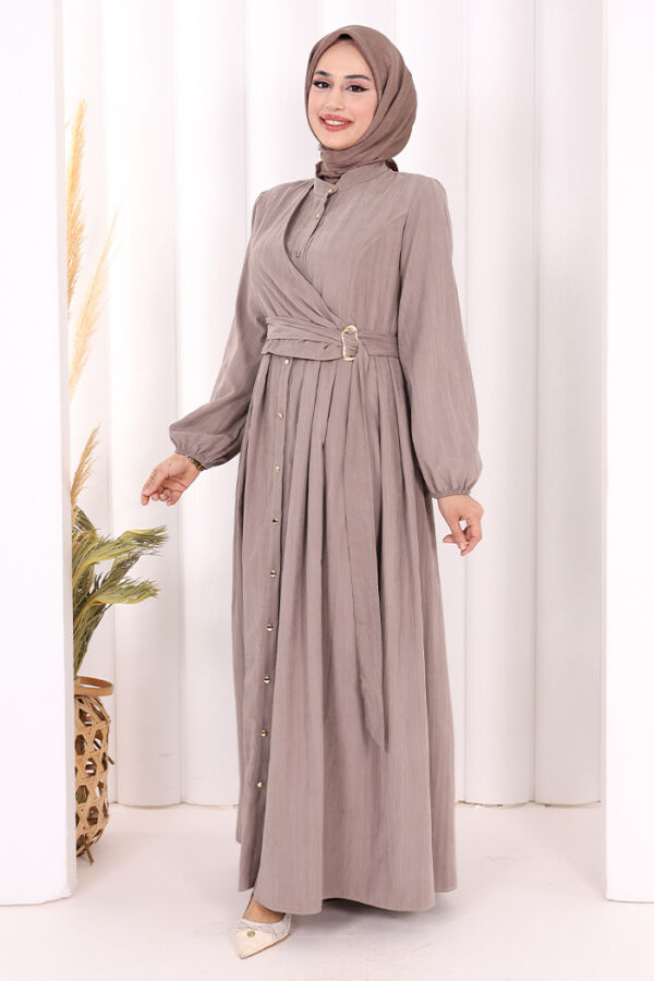 Broş Detaylı Boydan Düğmeli Elbise 7059 Duman - 3