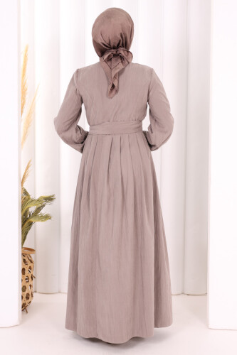 Broş Detaylı Boydan Düğmeli Elbise 7059 Duman - 4