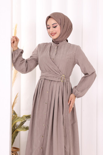 Broş Detaylı Boydan Düğmeli Elbise 7059 Duman - 5