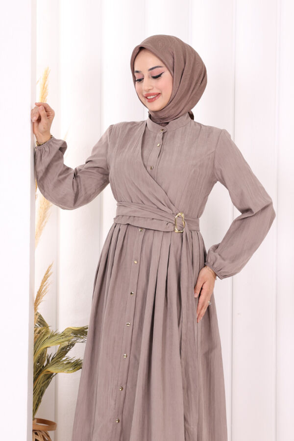 Broş Detaylı Boydan Düğmeli Elbise 7059 Duman - 5