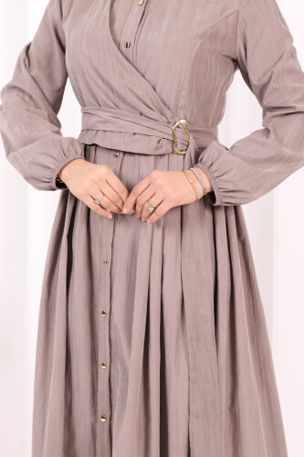 Broş Detaylı Boydan Düğmeli Elbise 7059 Duman - 6