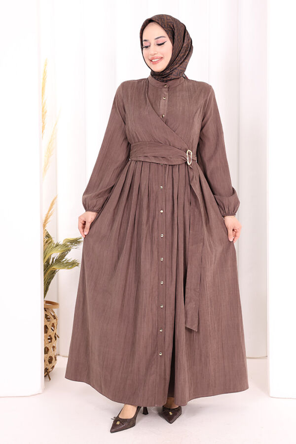 Broş Detaylı Boydan Düğmeli Elbise 7059 Kahverengi - 1