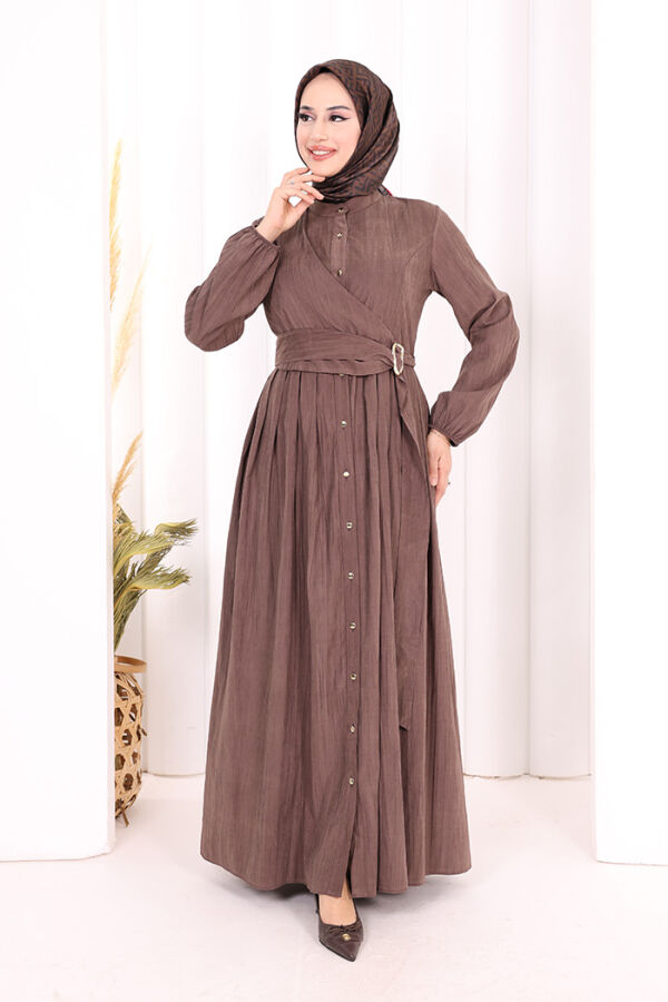 Broş Detaylı Boydan Düğmeli Elbise 7059 Kahverengi - 2