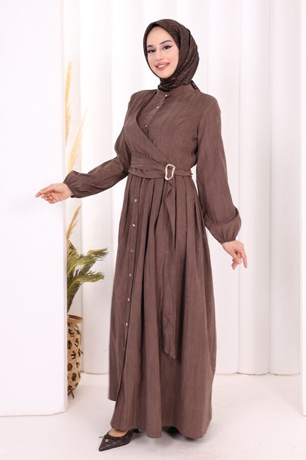 Broş Detaylı Boydan Düğmeli Elbise 7059 Kahverengi - 3