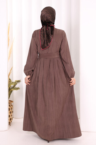 Broş Detaylı Boydan Düğmeli Elbise 7059 Kahverengi - 4