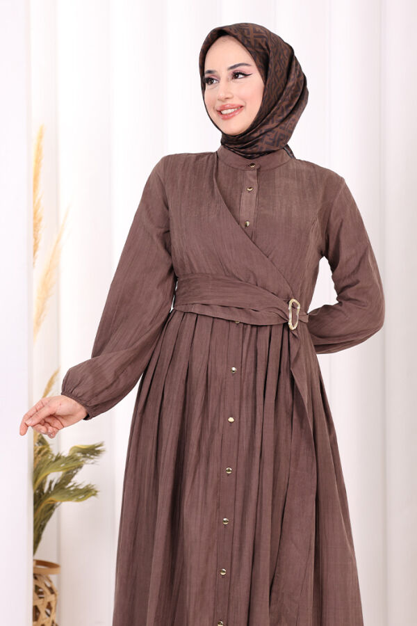 Broş Detaylı Boydan Düğmeli Elbise 7059 Kahverengi - 5