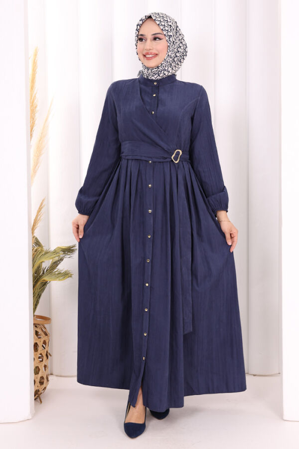 Broş Detaylı Boydan Düğmeli Elbise 7059 Lacivert - 1