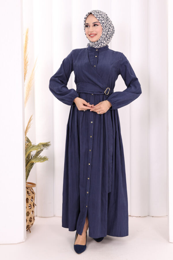 Broş Detaylı Boydan Düğmeli Elbise 7059 Lacivert - 2