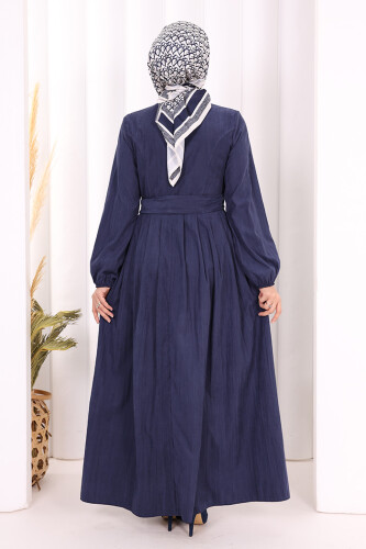 Broş Detaylı Boydan Düğmeli Elbise 7059 Lacivert - 4