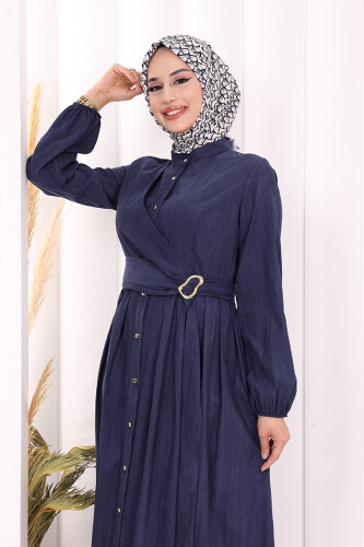 Broş Detaylı Boydan Düğmeli Elbise 7059 Lacivert - 5