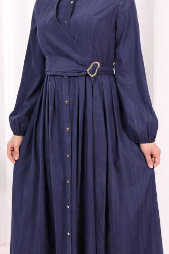 Broş Detaylı Boydan Düğmeli Elbise 7059 Lacivert - 6