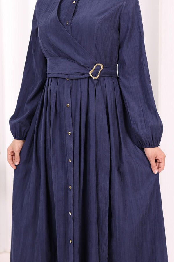 Broş Detaylı Boydan Düğmeli Elbise 7059 Lacivert - 6